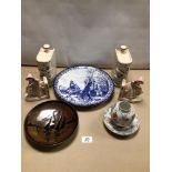 MIXED VINTAGE COLLECTION OF PORCELAIN AND POTTERY ITEMS. INCLUDES POOLE, DELFT BLUE, AND MORE.