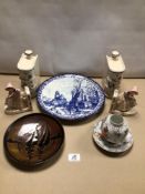 MIXED VINTAGE COLLECTION OF PORCELAIN AND POTTERY ITEMS. INCLUDES POOLE, DELFT BLUE, AND MORE.