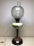 VINTAGE BRASS AND GLASS OIL LAMP CONVERTED TO ELECTRIC. A/F. 63CM HIGH.