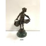UNSIGNED BRONZE OF A GIRL CARRYING FLOWER BASKETS UPON A MARBLE BASE, 29CM