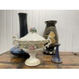 FOUR MIXED VINTAGE CERAMIC WARE. LARGE BLUE VASE, A CAPODIMONTE TUREEN, AND TWO OTHERS. LARGEST