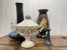 FOUR MIXED VINTAGE CERAMIC WARE. LARGE BLUE VASE, A CAPODIMONTE TUREEN, AND TWO OTHERS. LARGEST