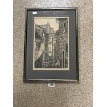 SIGNED WOODBLOCK PRINT OF A CONTINENTAL STREET SCENE, 48 X 35CM