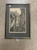 SIGNED WOODBLOCK PRINT OF A CONTINENTAL STREET SCENE, 48 X 35CM
