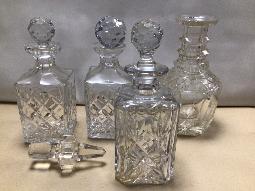 HEAVY VICTORIAN HOBNAIL CUT GLASS DECANTER AND THREE SQUARE WHISKY DECANTERS. (TWO BEING A PAIR).