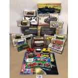 MIXED COLLECTION OF DIE-CAST MODELS MOSTLY BOXED CORGI VEHICLES, BOXED PLASTIC MODEL KITS, AND MORE.