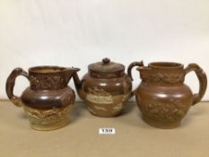 TWO VINTAGE UNMARKED STONEWARE JUGS/EWERS AND A VI