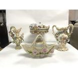 FOUR PIECES OF CONTINENTAL PORCELAIN COMPORT WITH GLASS FRUIT AND MORE