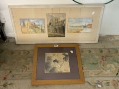TRIPTYCH OF WATERCOLOURS IN FRAME 83 X 40CM WITH A SIGNED ORIENTAL WATERCOLOUR 42 X 44CM