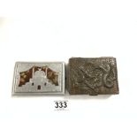 BRONZE BOX WITH AN EMBOSSED DRAGON TO THE LID A/F 11 X 9CM WITH A MIDDLE EASTERN CIGARETTE BOX 13