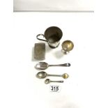 MIXED WHITE METAL ITEMS, SPOONS, EGG CUP, AND MORE