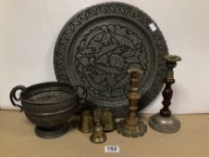 MIXED VINTAGE METALWARE ITEMS. INCLUDES ETCHED AND TINNED COPPER CHARGER, SILVER-PLATED GARDEN