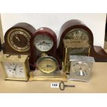 SIX MIXED MANTLE, CARRIAGE, AND TABLE/DESK CLOCKS. SOME VINTAGE. INCLUDES WELLINGTON, PRESIDENT,