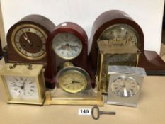 SIX MIXED MANTLE, CARRIAGE, AND TABLE/DESK CLOCKS. SOME VINTAGE. INCLUDES WELLINGTON, PRESIDENT,