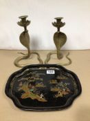 ORIENTAL THEME WORCESTER WARE METAL TRAY WITH A BRASS PAIR OF CANDLESTICK SNAKES