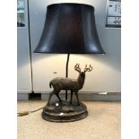 RESIN FIGURE OF A STAG LAMP WITH A LEATHER SHADE, 69CM