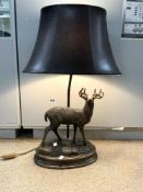 RESIN FIGURE OF A STAG LAMP WITH A LEATHER SHADE, 69CM