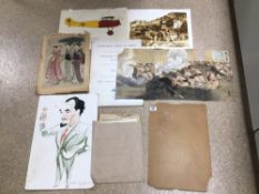 MIXED COLLECTION OF PRINTS, WATERCOLOURS, AND SKETCHES. SOME SIGNED INCLUDING TORII KIYONAGA