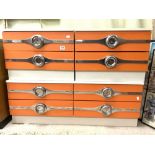 RETRO 1960'S/70'S FOUR DRAWER CHEST WITH TWO BEDSIDE CHEST OF DRAWERS IN ORANGE AND WHITE