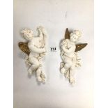 PAIR OF PORCELAIN WALL MOUNTED CHERUBS, 26CM