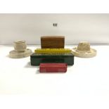 VINTAGE BOXED DOMINOS (OLD HOLBORN AND WILLS WOODBINES) WITH POKER DICE, TWO CERAMICS ASHTRAYS,