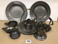 MIXED PEWTER, THREE GEORGIAN PEWTER PLATES, TWO ART NOUVEAU PEWTER STANDS WITH FOUR OTHER ITEMS