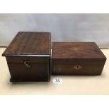 TWO VINTAGE WOODEN STORAGE BOXES. ONE SQUARE FORME