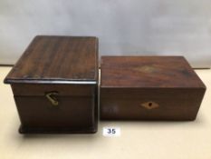TWO VINTAGE WOODEN STORAGE BOXES. ONE SQUARE FORME