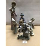 FIVE LLADRO PORCELAIN FIGURINES. ONE STAMPED ‘DAISA 1981’ #5122. LARGEST BEING 37CM TALL.