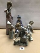FIVE LLADRO PORCELAIN FIGURINES. ONE STAMPED ‘DAISA 1981’ #5122. LARGEST BEING 37CM TALL.