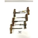 SIX ANTIQUE WOODEN HANDLE CORKSCREWS