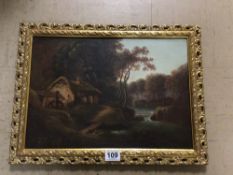 19TH CENTURY UNSIGNED OIL ON CANVAS DEPICTING RIVER LANDSCAPE WITH COTTAGE. ON GILT FRAME. 43CM X
