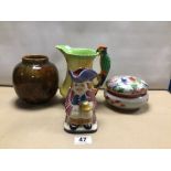 FOUR MIXED VINTAGE POTTERY AND CERAMICS. JAPANESE LIDDED BOWL WITH IMAGES OF WOMEN AND FLOWERS,