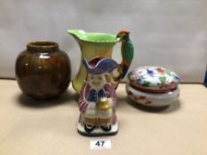 FOUR MIXED VINTAGE POTTERY AND CERAMICS. JAPANESE LIDDED BOWL WITH IMAGES OF WOMEN AND FLOWERS,