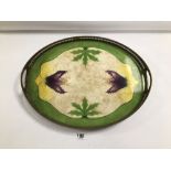 VINTAGE PORCELAIN TRAY WITH A SILVER-PLATED GALLIED BORDER, 46 X 53CM