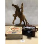 VINTAGE USSR FED 4 CASED CAMERA. WOODEN REARING HORSE FIGURE. CUNARD WHITE STAR JIGSAW PUZZLE (