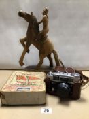 VINTAGE USSR FED 4 CASED CAMERA. WOODEN REARING HORSE FIGURE. CUNARD WHITE STAR JIGSAW PUZZLE (