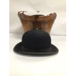 VICTORIAN LEATHER HAT BOX WITH VELVET LINING, AND BOWLER HAT BY LOCK AND CO