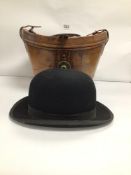 VICTORIAN LEATHER HAT BOX WITH VELVET LINING, AND BOWLER HAT BY LOCK AND CO