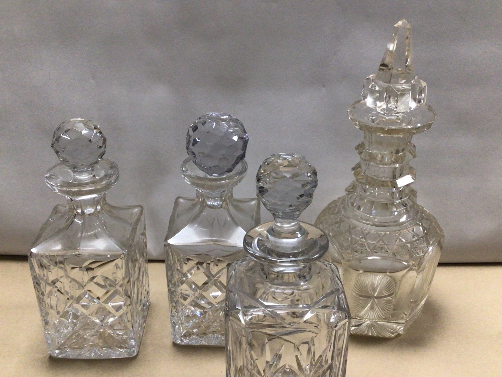 HEAVY VICTORIAN HOBNAIL CUT GLASS DECANTER AND THREE SQUARE WHISKY DECANTERS. (TWO BEING A PAIR). - Image 6 of 6