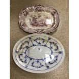 TWO VINTAGE PLATTERS. FURNIVAL BLUE & WHITE THEME IN OVAL FORM AND PURPLE TRANSFERWARE (STAMP TO