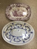 TWO VINTAGE PLATTERS. FURNIVAL BLUE & WHITE THEME IN OVAL FORM AND PURPLE TRANSFERWARE (STAMP TO
