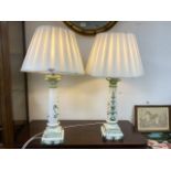 PAIR OF PORCELAIN COLUMN SHAPED TABLE LAMPS, 76CM