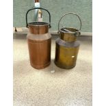 TWO ANTIQUE BRASS AND COPPER MILK CHURNS ONE BY D. J KEOCH, THE LARGEST 46CM