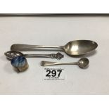 TWO HALLMARKED SILVER SPOONS, WITH A 925 SILVER PILL BOX AND A ROLEX SPOON