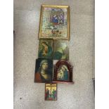 RELIGIOUS ICONS, ONE FRAMED AND GLAZED, 59 X 77CM WITH FIVE WOODEN ICONS, THE LARGEST 38 X 27CM