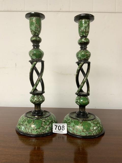 PAIR OF TWISTED CANDLESTICKS GREEN AND BLACK, 31CM