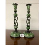 PAIR OF TWISTED CANDLESTICKS GREEN AND BLACK, 31CM