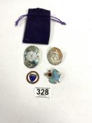 THREE BROOCHES TWO SILVER ONE CAMEO AND SILVER AND ENAMEL MEDALION