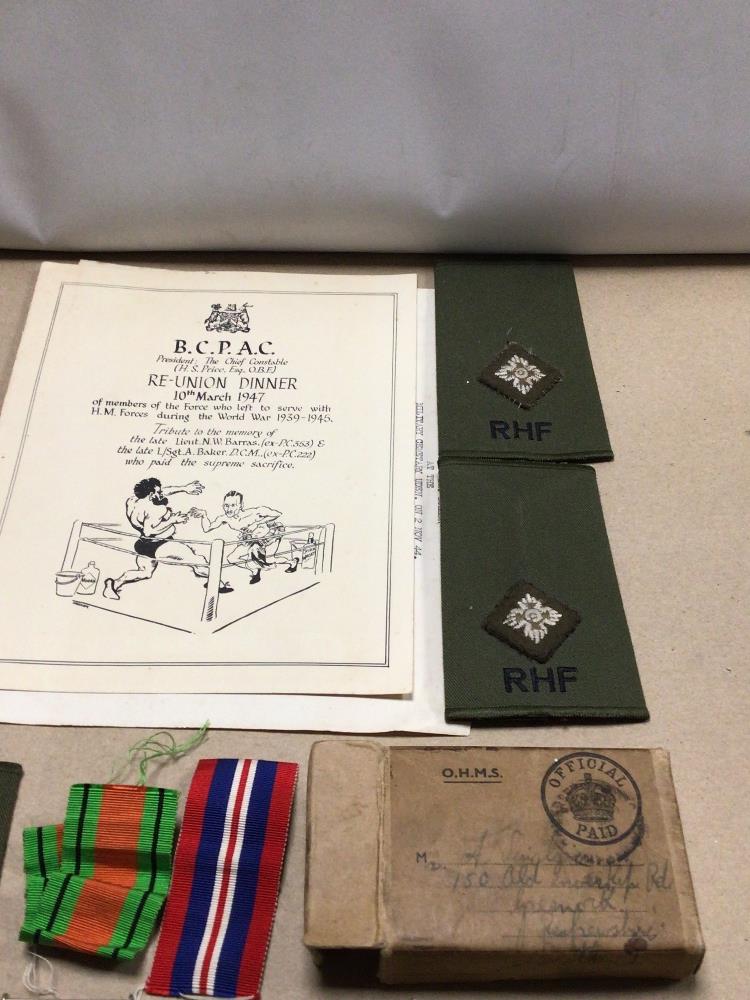 TWO WW2 MEDALS BOXED WITH LAPELS/ CLOTH BADGES, 1944 SPEECH, RE-UNION DINNER, AND T. A. COIN - Image 4 of 5